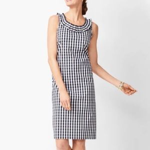 TALBOTS PLEAT-NECK SHEATH CHECKED DRESS GINGHAM WHITE BLUE 2P
